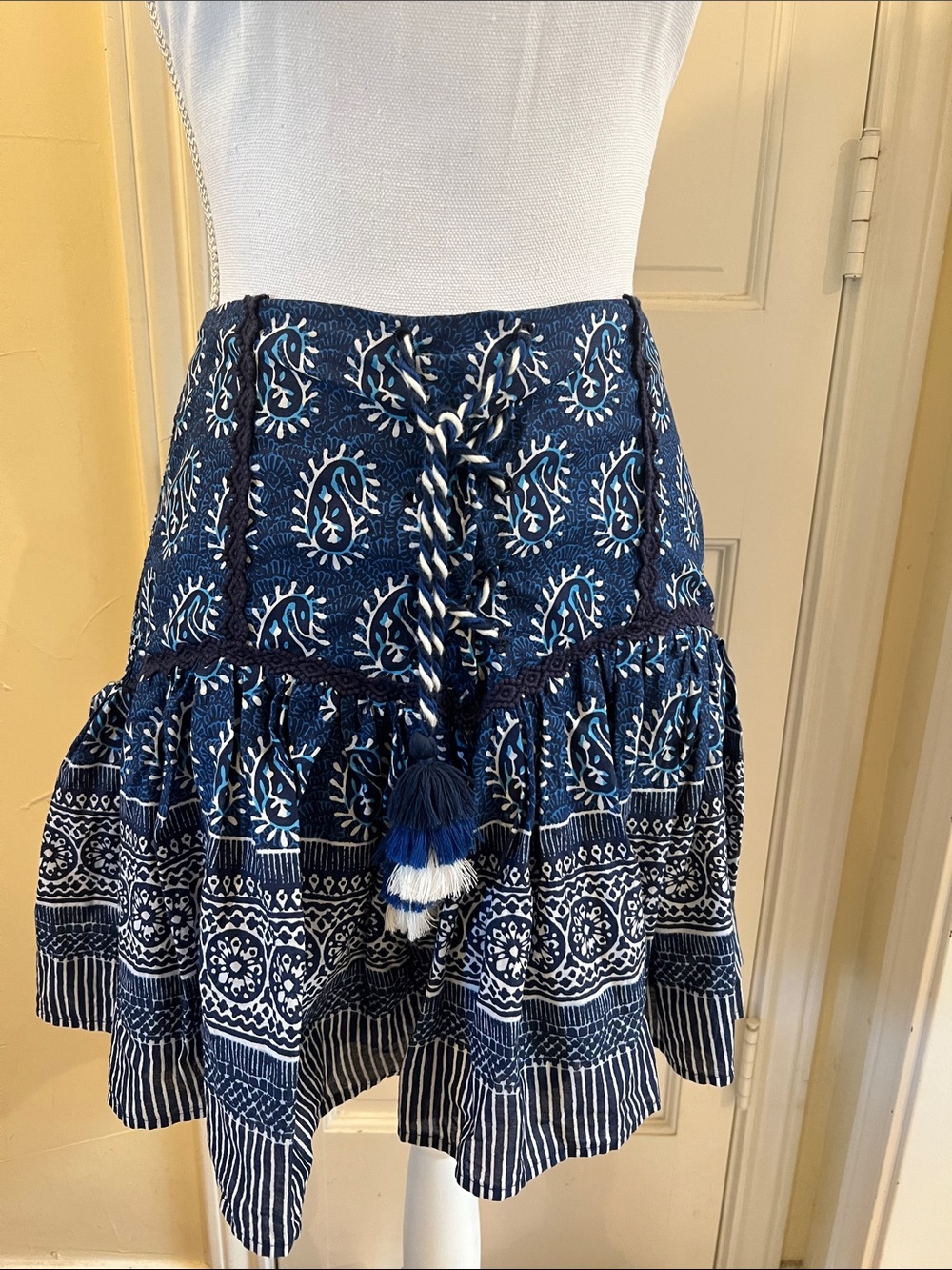 Chelsea & Violet Blue/Navy Paisley Printed Tiered Medium Skirt with Tassel.